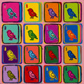Modern graphic bright sparrow and bold geometric color block pattern high-contrast tabletop mahjong playmat.