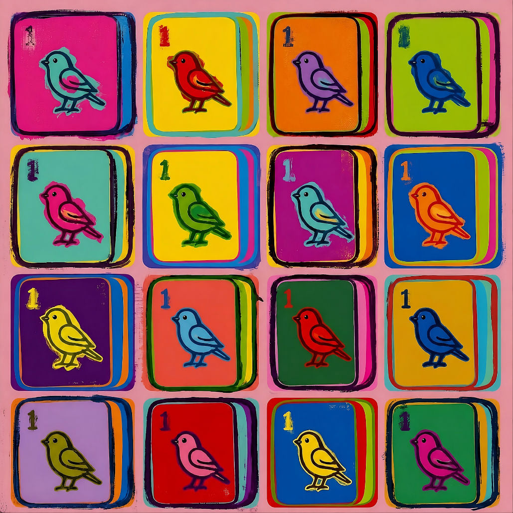Modern graphic bright sparrow and bold geometric color block pattern high-contrast tabletop mahjong playmat.