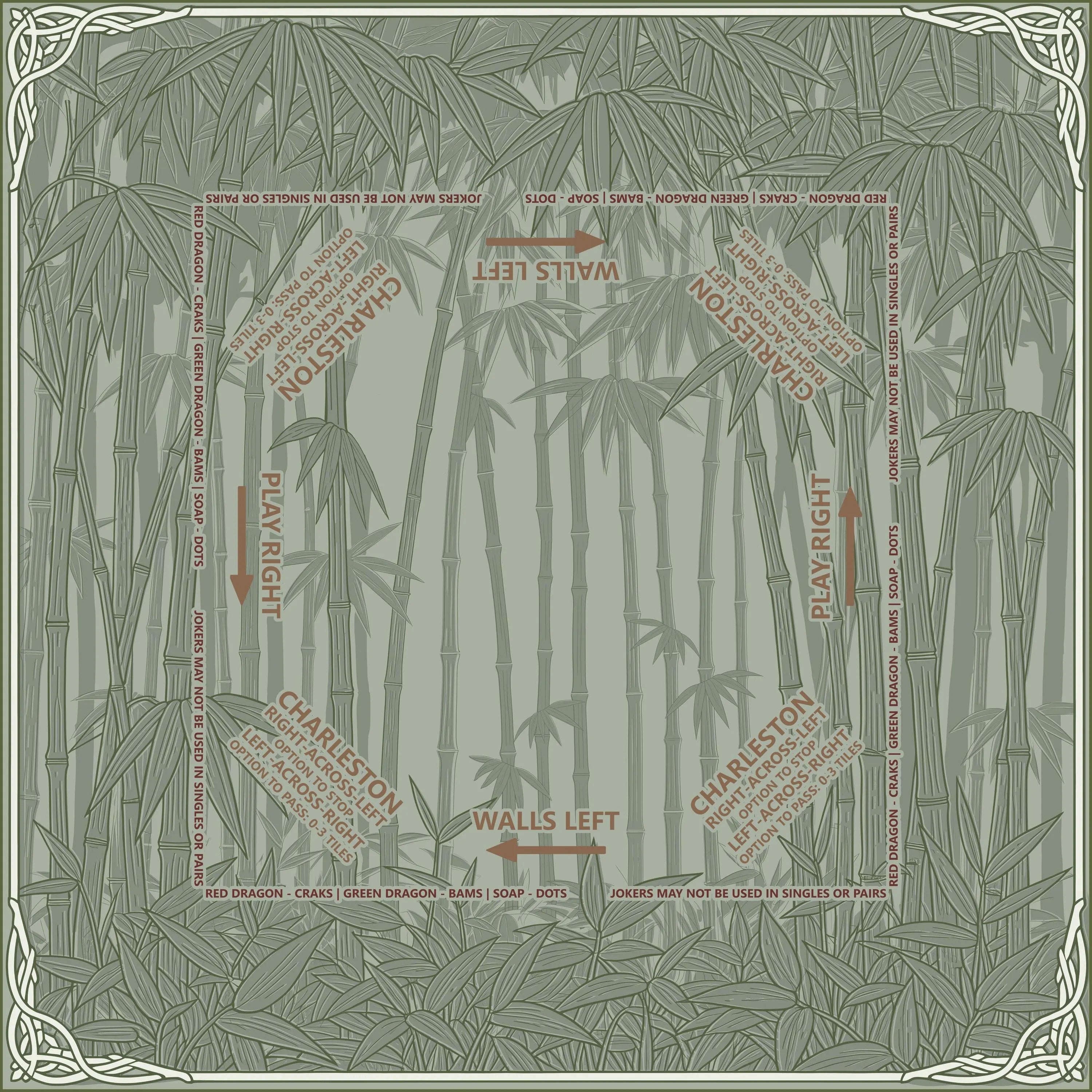 Serene green bamboo grove pattern mahjong table mat featuring discrete basic rule and setup reminders.