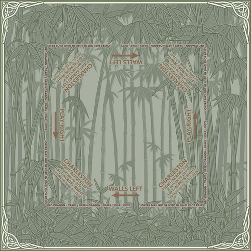 Serene green bamboo grove pattern mahjong table mat featuring discrete basic rule and setup reminders.