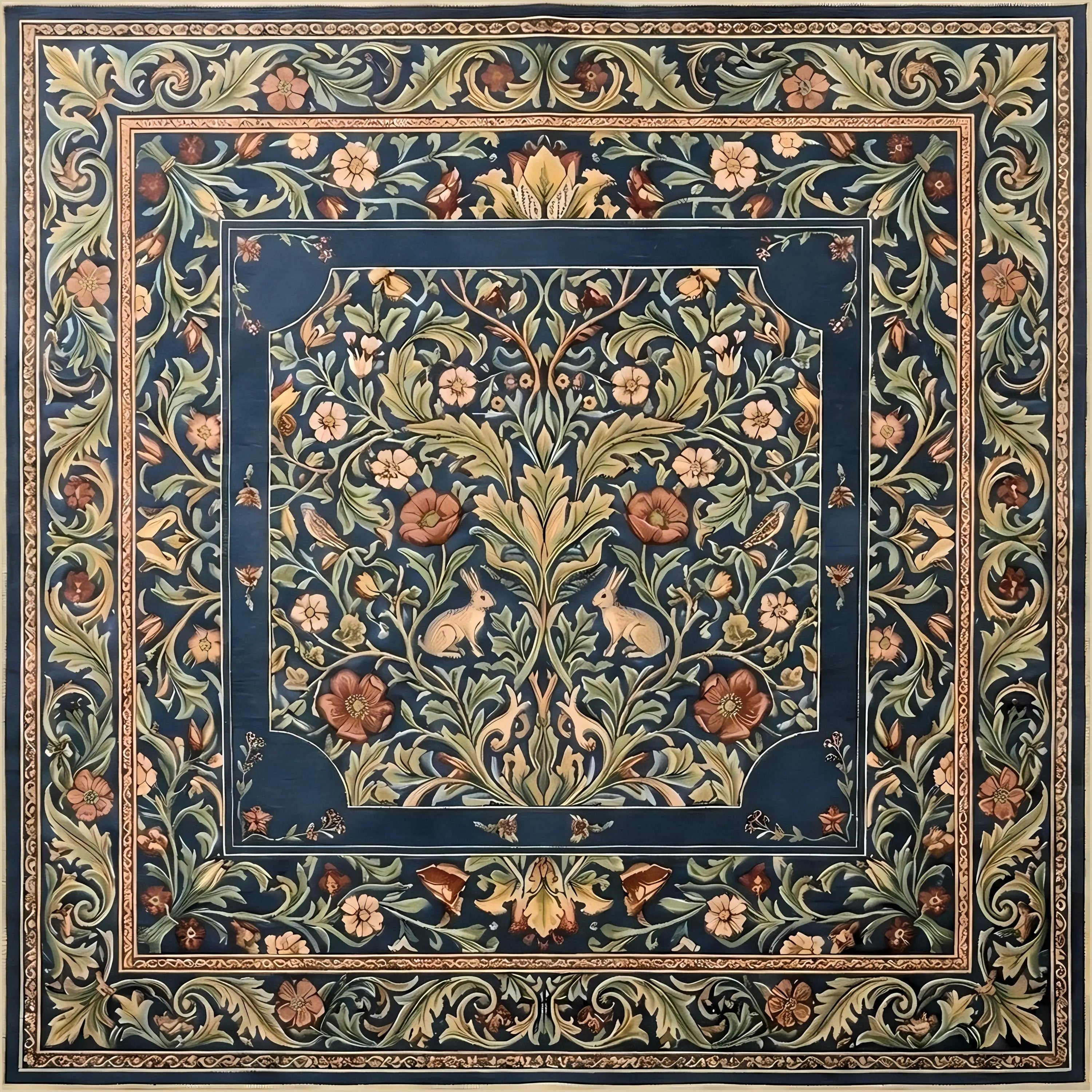 Intricate blue floral and storybook rabbit pattern custom fabric mahjong playmat by Bird Bam Mahjong Club.