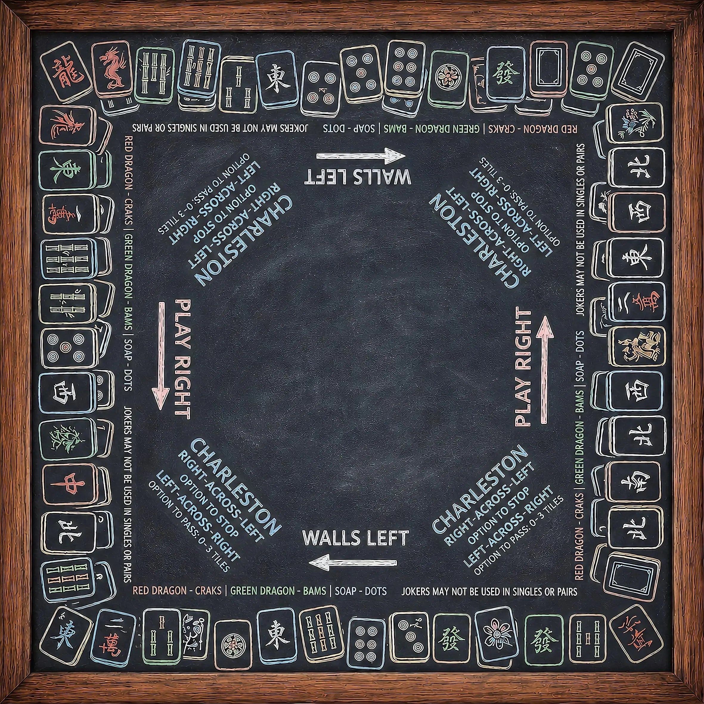 Instructional chalkboard-inspired mahjong table layout with integrated basic rules and setup reminders for teachers.