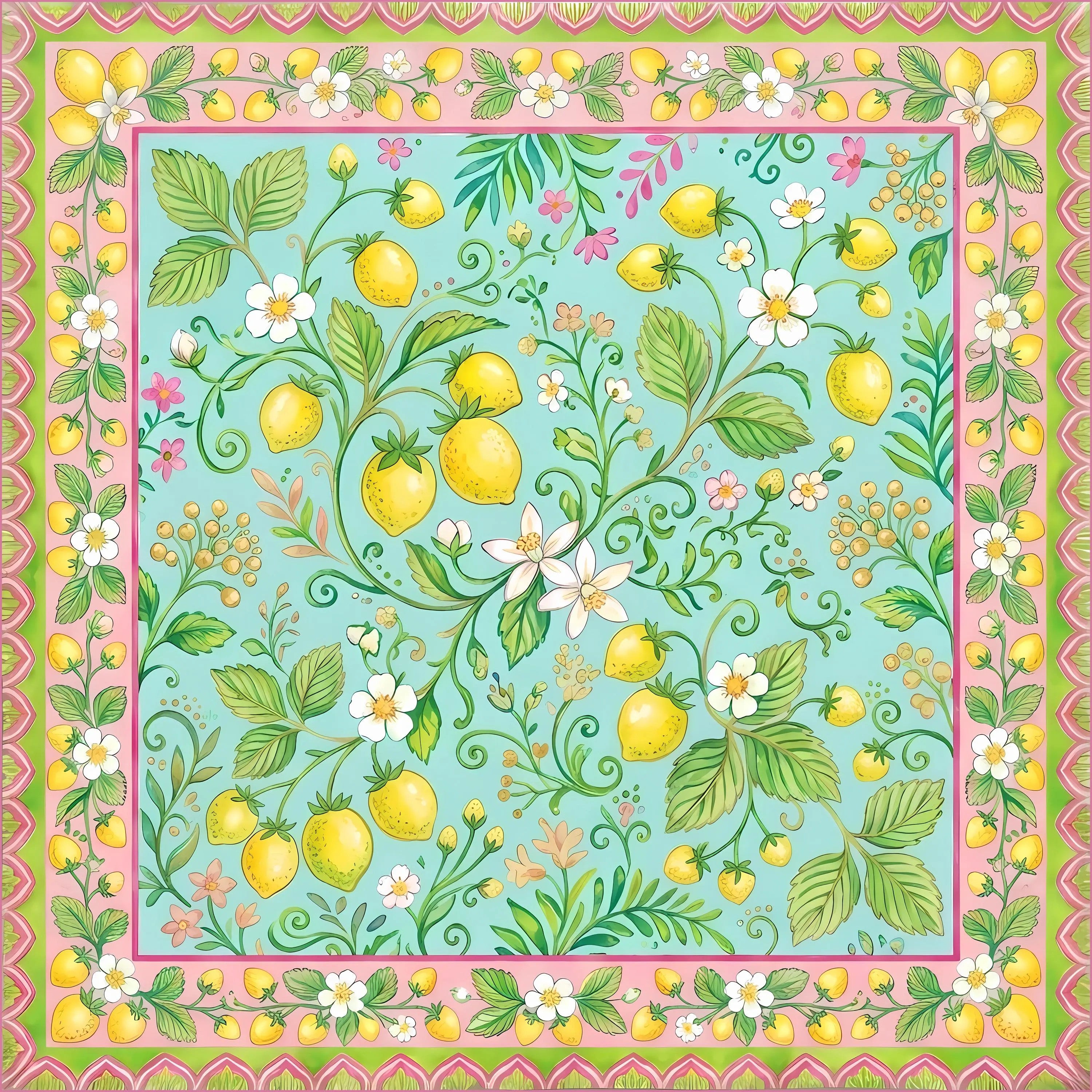 Bright aqua and golden lemon citrus design fabric mahjong game mat. The perfect luxury mahjong gift.