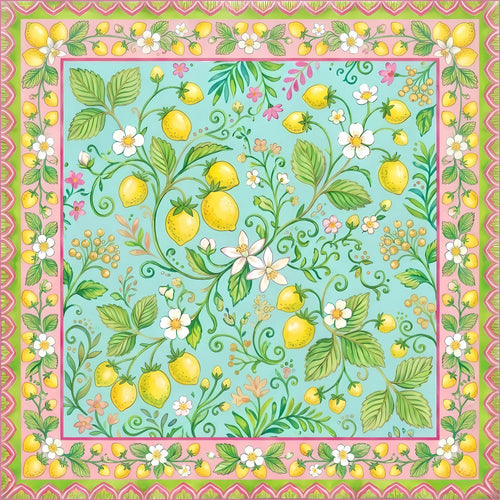 Bright aqua and golden lemon citrus design fabric mahjong game mat. The perfect luxury mahjong gift.