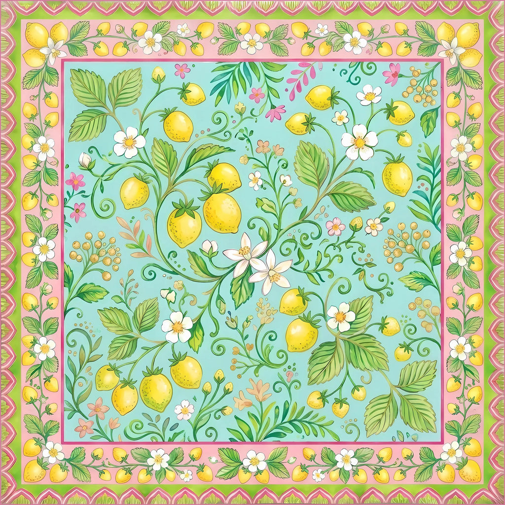 Bright aqua and golden lemon citrus design fabric mahjong game mat. The perfect luxury mahjong gift.