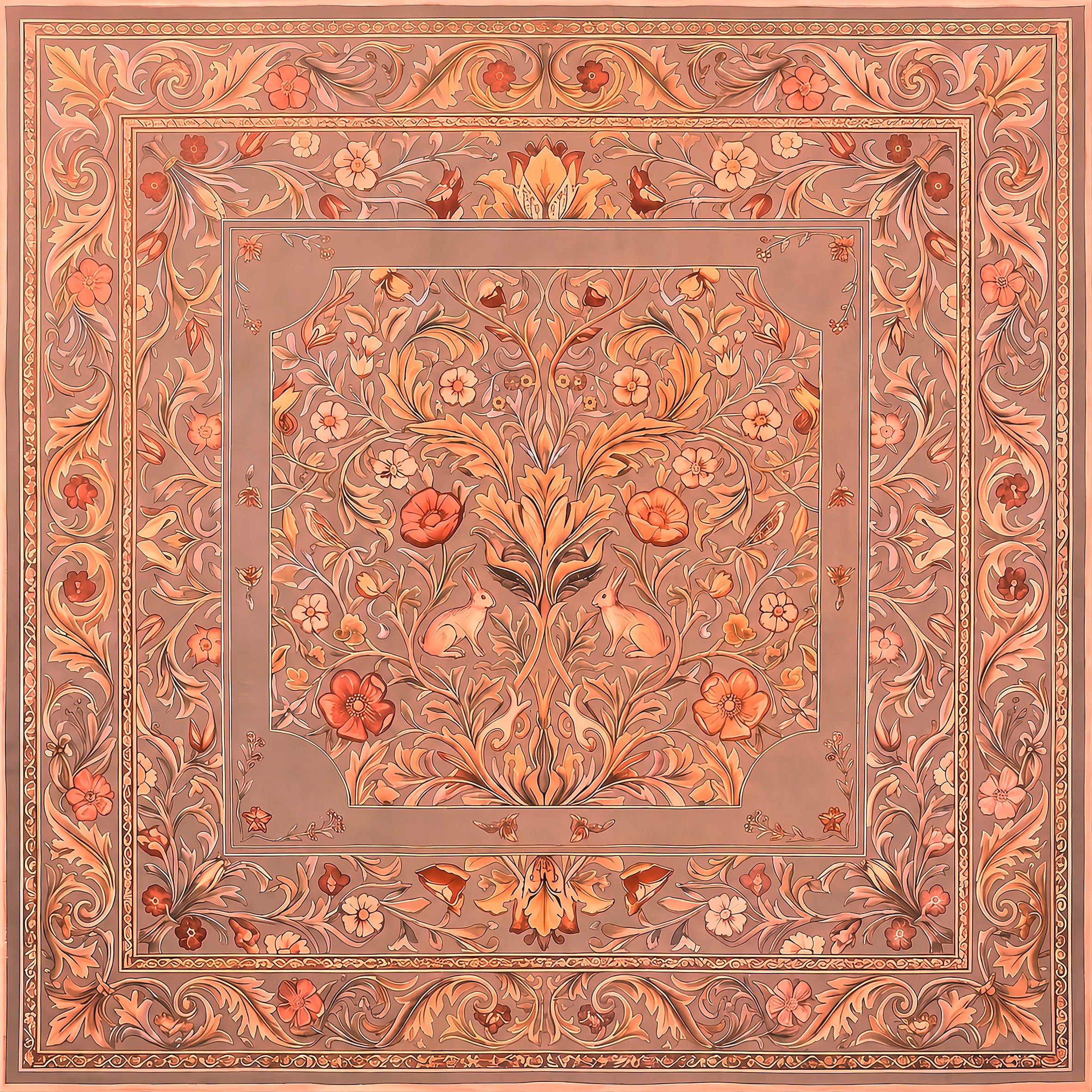 Nostalgic terracotta and dusty rose vintage floral pattern fabric mahj playmat with a non-slip rubber base.