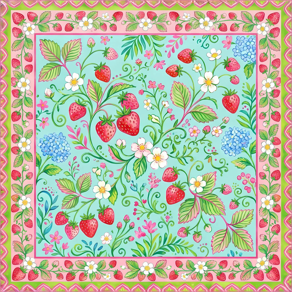 Cottagecore juicy red strawberry and delicate floral pattern sound-dampening mahj table playmat.