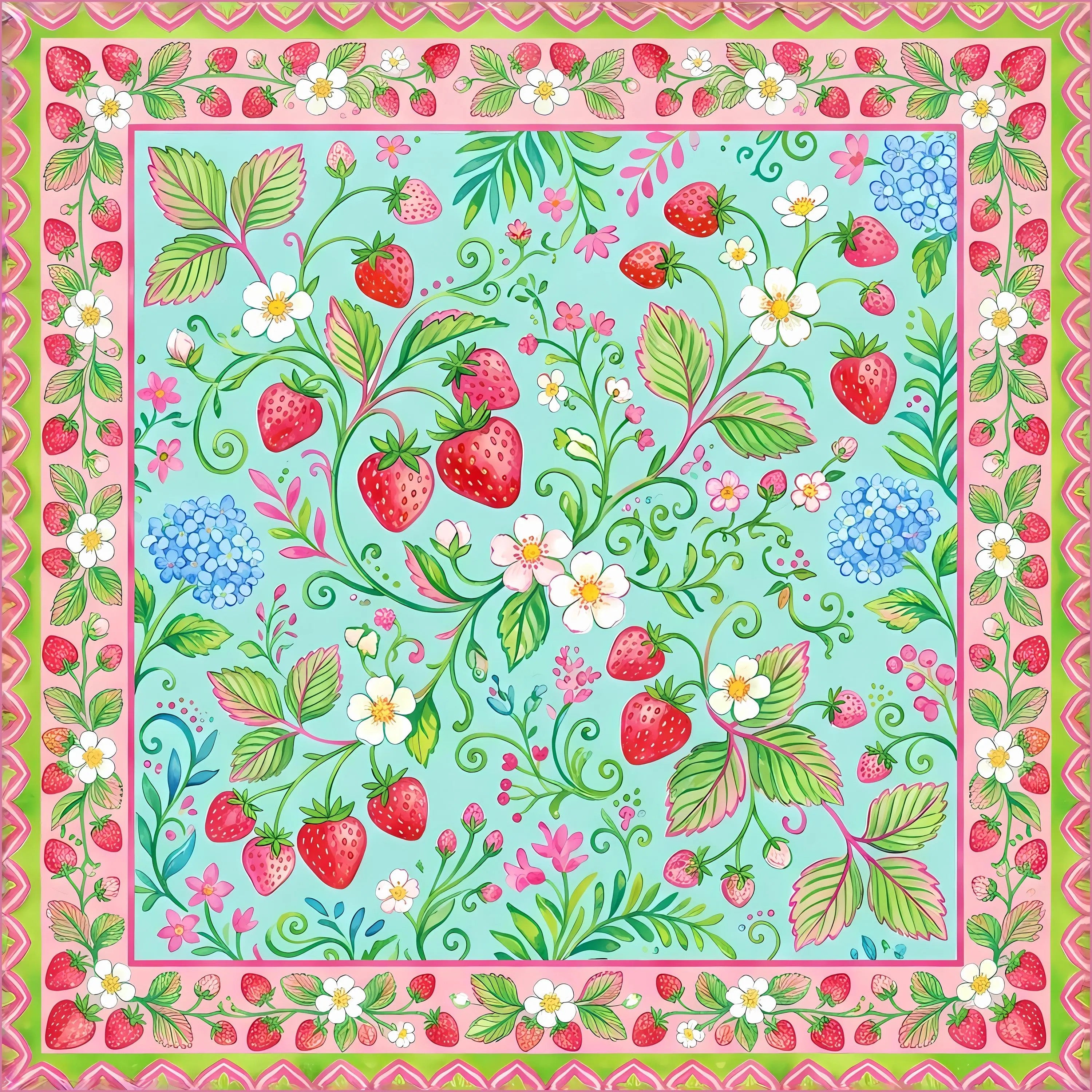 Cottagecore juicy red strawberry and delicate floral pattern sound-dampening mahj table playmat.