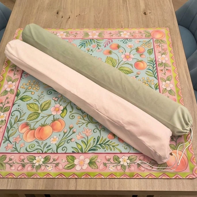 Luxurious plush velvet mahjong mat storage bags in Mint Green and Dusty Pink by Bird Bam Mahjong Club. Crafted with gold-colored drawstring stoppers to keep playmats securely rolled on the go.